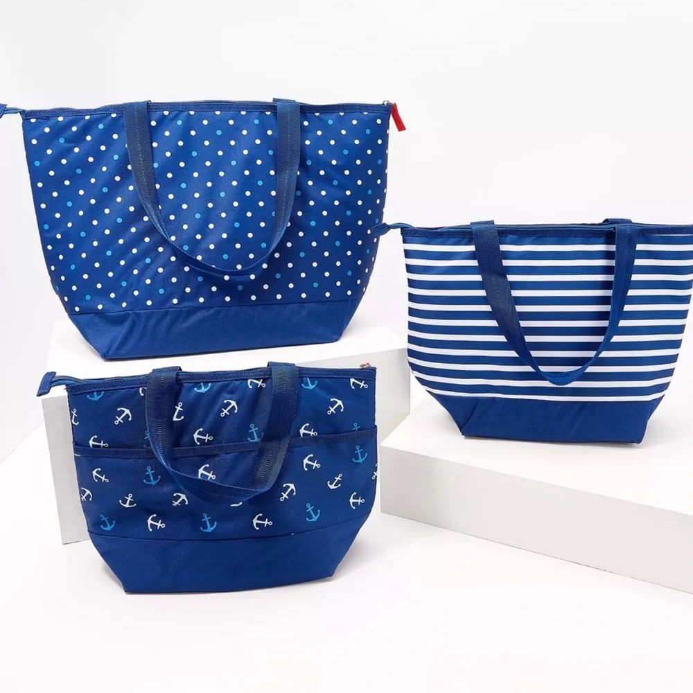 Igloo Insulated 3-Piece Trendy w/ Blue Anchors & Polka Dots Tote Set